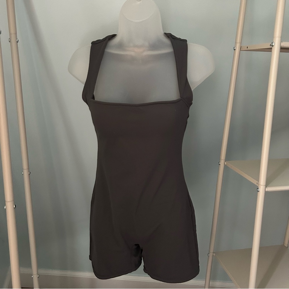 Bodycon Stretch Square Neck Gray One Piece Short Romper